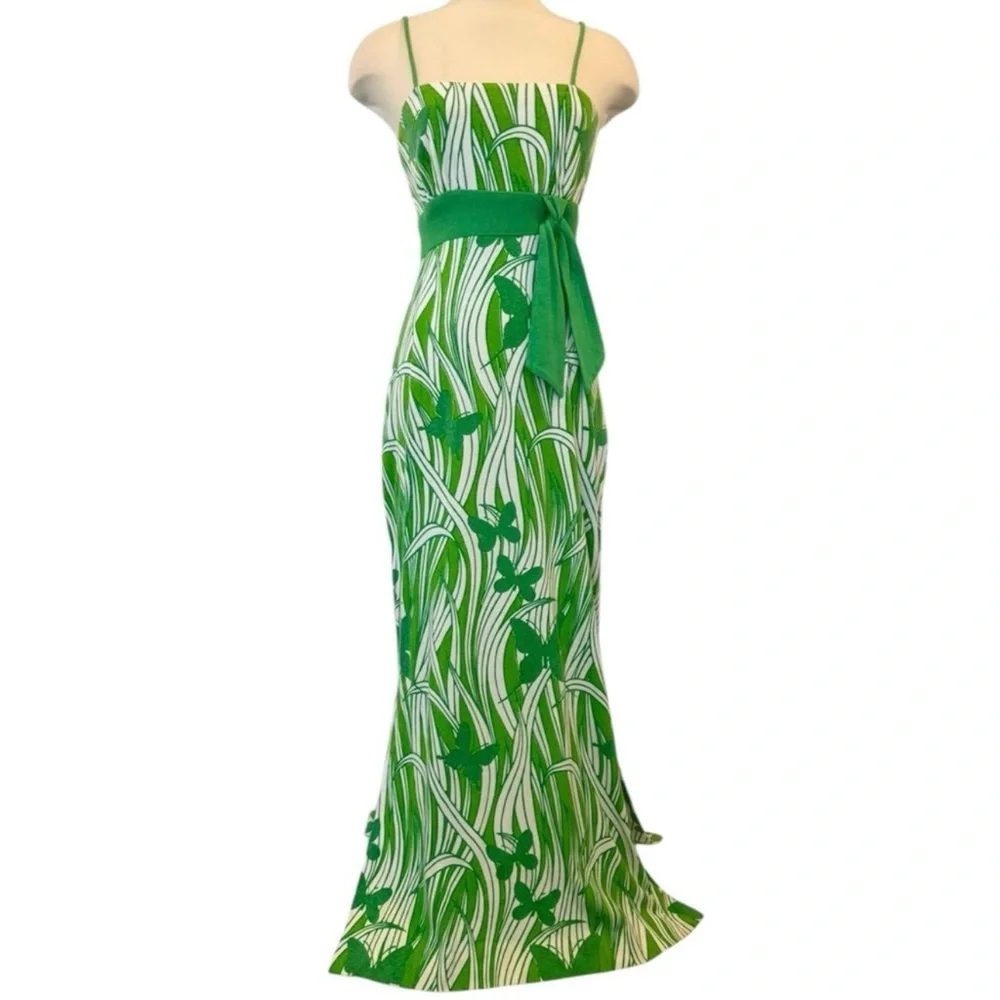Miss Shaheen Vintage Hawaiian Butterfly Print Green Maxi Dress Column Gown 10 - Picture 4 of 12